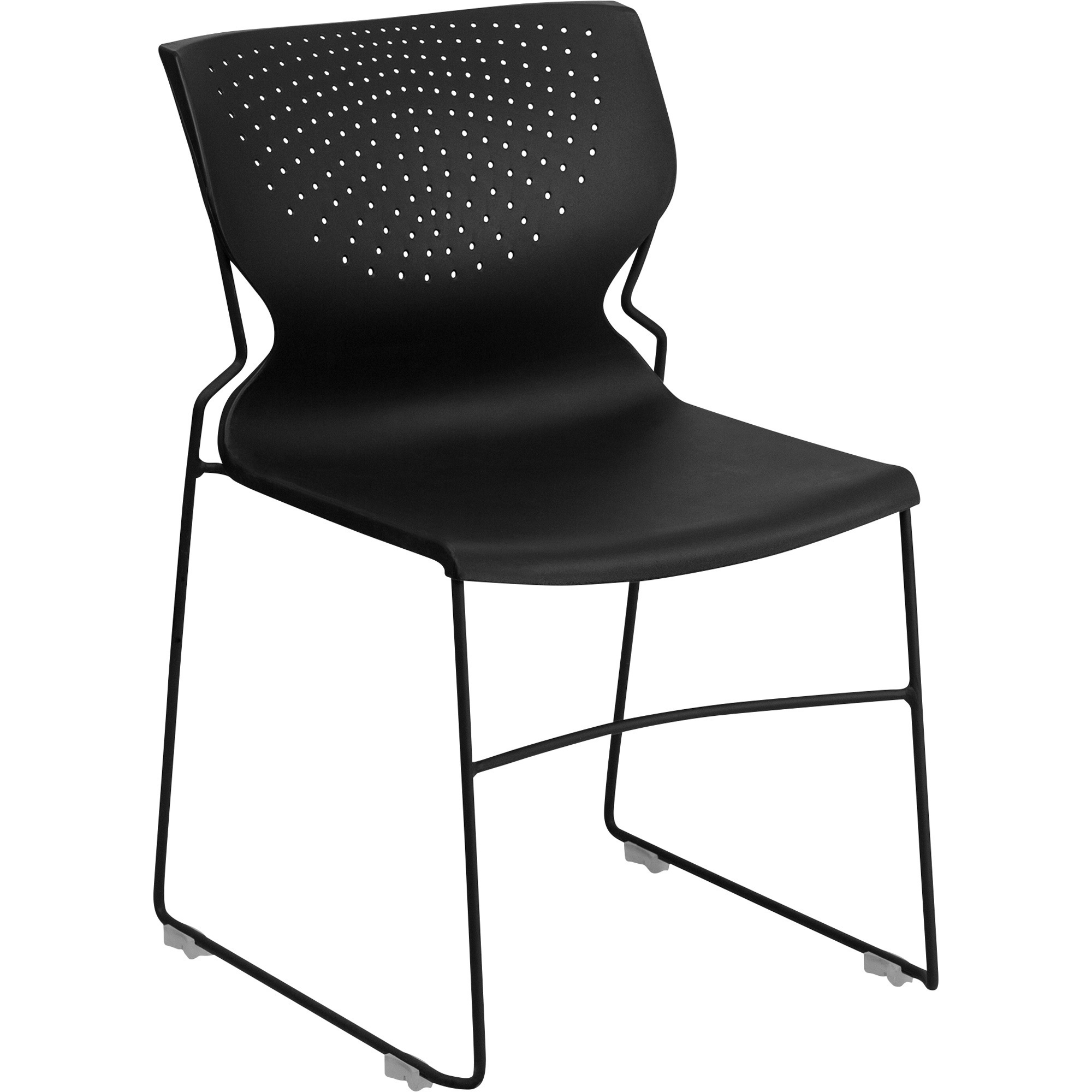 Flash Furniture Plastic Stack Chair with Sled Base and Curved Perforated Back-- Black w/ Black Frame, 19.5in.W x21.5in.D x 31.75in.H, Model# RUT438BK